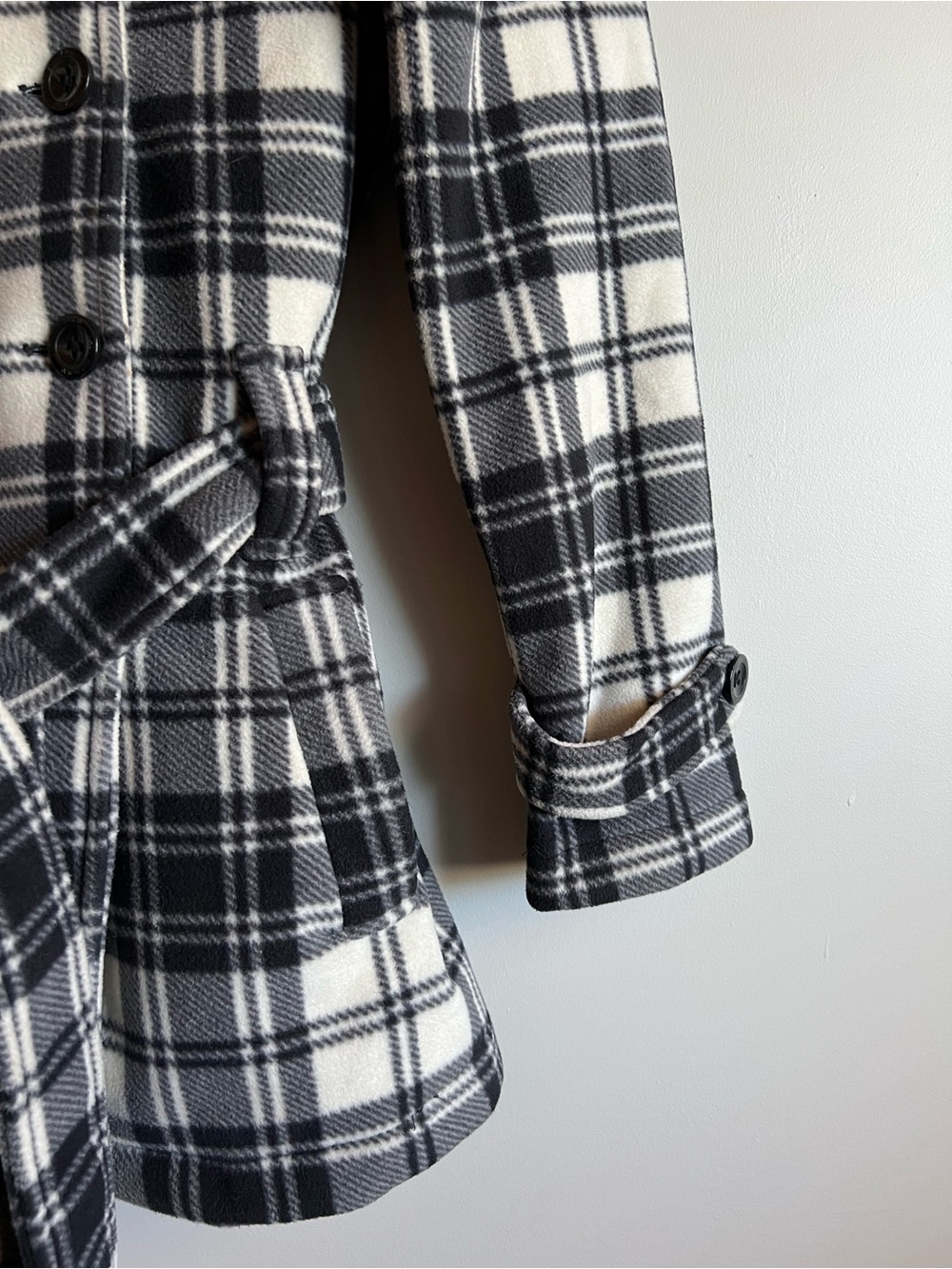 Lady Hathaway Plaid Coat Large Black White Belted Double Breasted Peacoat - Picture 3 of 9